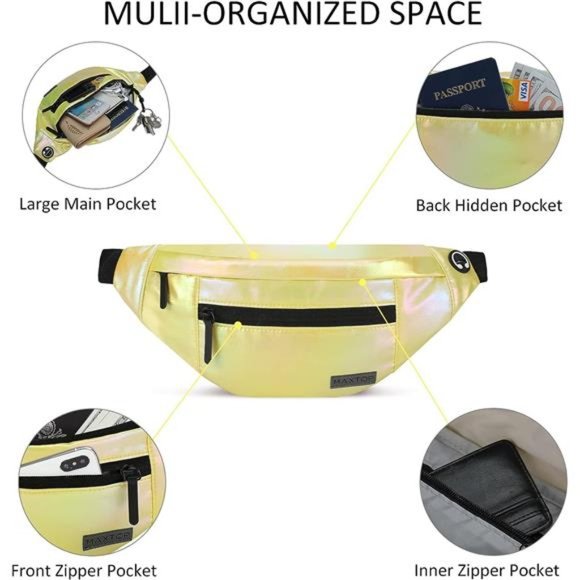 Large Crossbody Fanny Pack with 4-Zipper Pockets Gold Sports Festival Gym - Picture 3 of 6